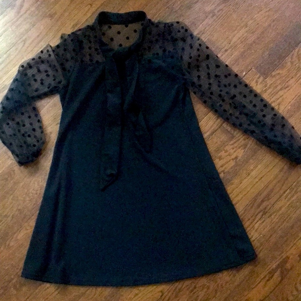 Black dress with tie-able collar.  Neckline and sleeve sheer polka dot detail
